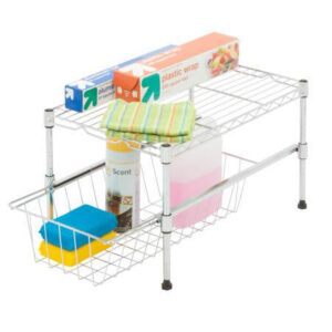 Chrome Large Cabinet Organizer with Basket and Adjustable Shelf