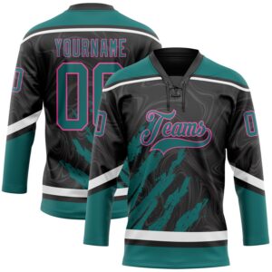Custom Black Teal Pink-White 3D Splash Art Hockey Lace Neck Jersey