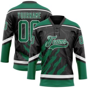 Custom Black Kelly Green-White 3D Splash Art Hockey Lace Neck Jersey