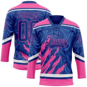 Custom Royal Pink-White 3D Splash Art Hockey Lace Neck Jersey