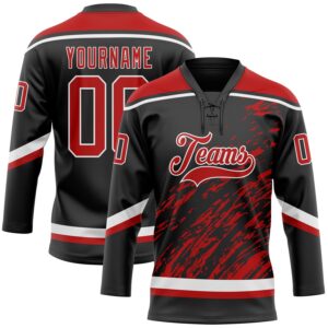 Custom Black Red-White 3D Splash Art Hockey Lace Neck Jersey