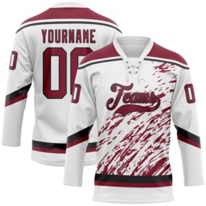 Custom White Crimson-Black 3D Splash Art Hockey Lace Neck Jersey