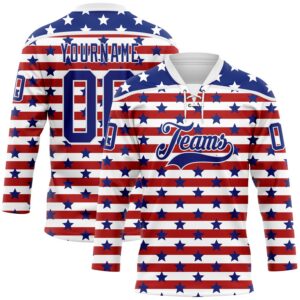 Custom White Royal-Red American Flag Hockey Lace Neck Jersey