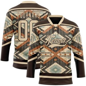 Custom Brown City Cream Orange-Blue 3D Pattern Tribal Indigenous Grunge Geometric Splash Hockey Lace Neck Jersey