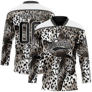 Custom White Black 3D Pattern Leopard Print Hockey Lace Neck Jersey