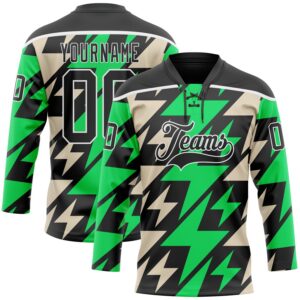 Custom Black Green Cream-White 3D Pattern Lightning Hockey Lace Neck Jersey