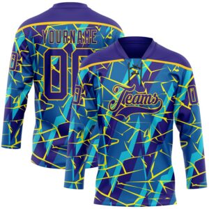 Custom Blue Dark Purple-Yellow 3D Pattern Lightning Hockey Lace Neck Jersey