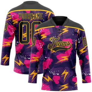Custom Purple Black Pink-Yellow 3D Pattern Lightning Hockey Lace Neck Jersey