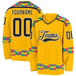 Custom Gold Black Navy Aqua Pink-White 3D Pattern Plaid Hockey Jersey