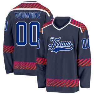 Custom Navy Royal Red-White 3D Pattern Round Hockey Jersey