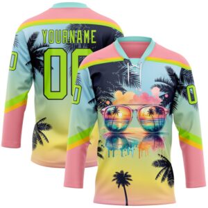 Custom Medium Pink Neon Green Yellow-Black 3D Pattern Gradient Hawaii Tropical Palm Trees Hockey Lace Neck Jersey