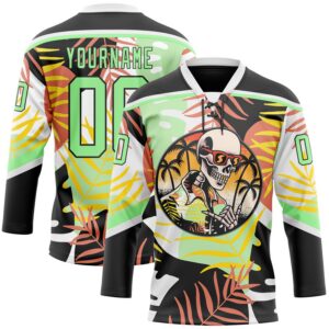 Custom Black Pea Green-White 3D Pattern Hawaii Tropical Palm Trees Hockey Lace Neck Jersey