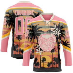 Custom Medium Pink Cream Yellow-Black 3D Pattern Gradient Hawaii Tropical Palm Trees Hockey Lace Neck Jersey