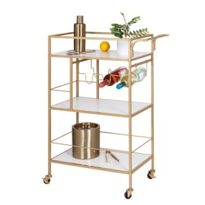 Gold/White 3-Tier Rolling Bar Cart with Rack and Handle