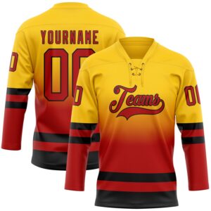 Custom Yellow Red-Black Fade Fashion Hockey Lace Neck Jersey