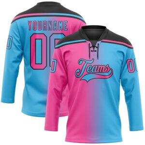 Custom Sky Blue Pink-Black Gradient Fashion Hockey Lace Neck Jersey