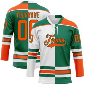 Custom Kelly Green Orange-White Split Fashion Hockey Lace Neck Jersey